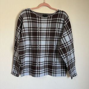 Adrienne Vittadini Brown Plaid Check Pull Over Long Sleeve Sweater Fall Academia